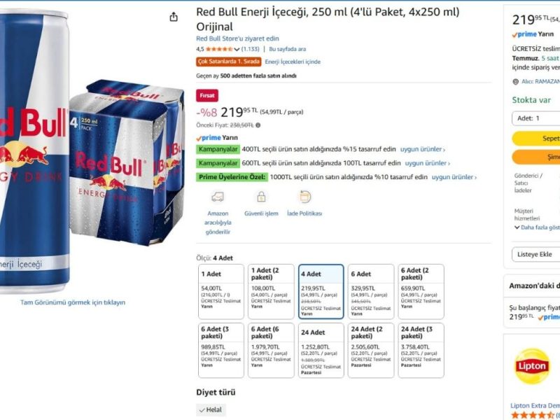 Red Bull Enerji İçeceği, 250 ml (4’lü Paket, 4×250 ml) Orijinal — %91 İndirim