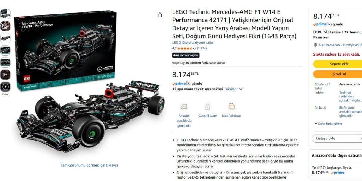 LEGO Technic Mercedes-AMG F1 W14 E Performance 42171 | Yetişkinler için Orijinal Detaylar İçeren Yarış Arabası Modeli Yapım Seti, Doğum Günü Hediyesi Fikri (1643 Parça)