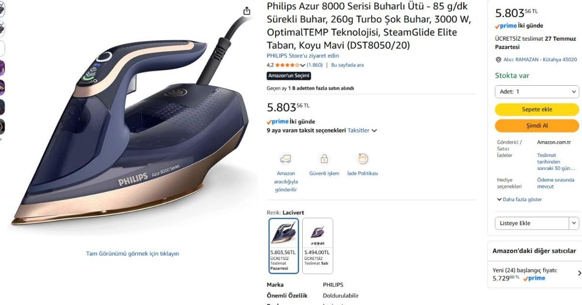 Philips Azur 8000 Serisi Buharlı Ütü – 85 g/dk Sürekli Buhar, 260g Turbo Şok Buhar, 3000 W, OptimalTEMP Teknolojisi, SteamGlide Elite Taban, Koyu Mavi (DST8050/20)