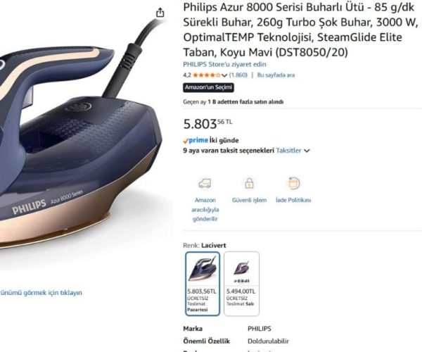 Philips Azur 8000 Serisi Buharlı Ütü – 85 g/dk Sürekli Buhar, 260g Turbo Şok Buhar, 3000 W, OptimalTEMP Teknolojisi, SteamGlide Elite Taban, Koyu Mavi (DST8050/20)