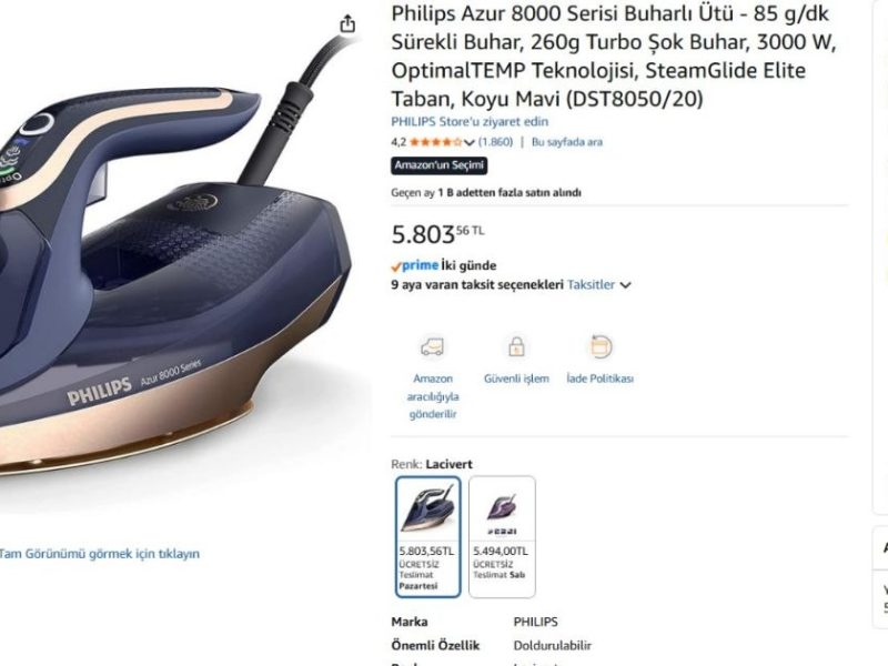 Philips Azur 8000 Serisi Buharlı Ütü – 85 g/dk Sürekli Buhar, 260g Turbo Şok Buhar, 3000 W, OptimalTEMP Teknolojisi, SteamGlide Elite Taban, Koyu Mavi (DST8050/20)