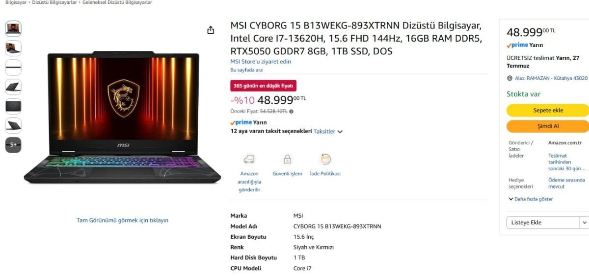 MSI CYBORG 15 B13WEKG-893XTRNN Dizüstü Bilgisayar, Intel Core I7-13620H, 15.6 FHD 144Hz, 16GB RAM DDR5, RTX5050 GDDR7 8GB, 1TB SSD, DOS
