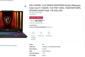 MSI CYBORG 15 B13WEKG-893XTRNN Dizüstü Bilgisayar, Intel Core I7-13620H, 15.6 FHD 144Hz, 16GB RAM DDR5, RTX5050 GDDR7 8GB, 1TB SSD, DOS