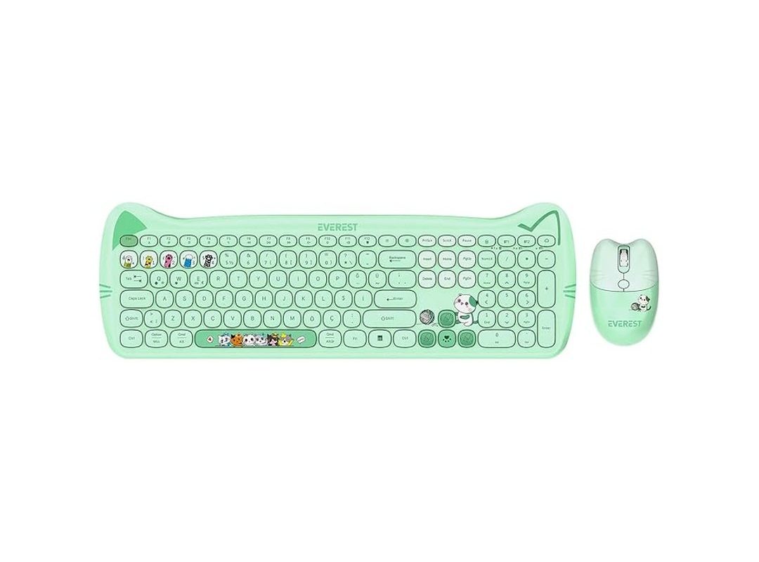 🛍️ Everest KM 6283 CATTY Renkli Tuşlu Yeşil 2.4 ghz + BT Kablosuz Q Multimedia Klavye + Mouse + Pad Set