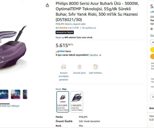 Philips 8000 Serisi Azur Buharlı Ütü – 3000W, OptimalTEMP Teknolojisi, 55g/dk Sürekli Buhar, Sıfır Yanık Riski, 300 ml’lik Su Haznesi (DST8021/30)