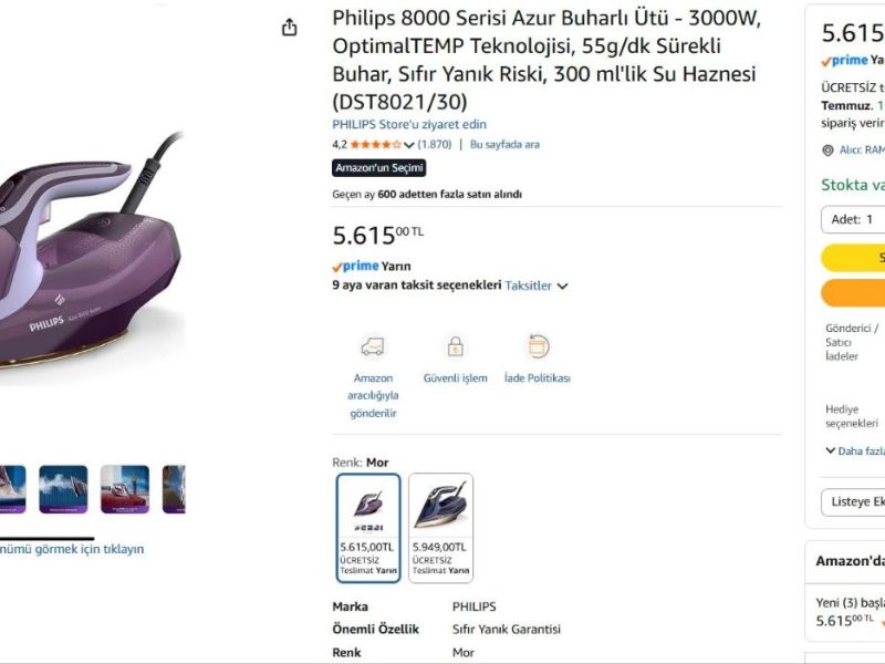 Philips 8000 Serisi Azur Buharlı Ütü – 3000W, OptimalTEMP Teknolojisi, 55g/dk Sürekli Buhar, Sıfır Yanık Riski, 300 ml’lik Su Haznesi (DST8021/30)