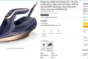 Philips Azur 8000 Serisi Buharlı Ütü – 85 g/dk Sürekli Buhar, 260g Turbo Şok Buhar, 3000 W, OptimalTEMP Teknolojisi, SteamGlide Elite Taban, Koyu Mavi (DST8050/20)