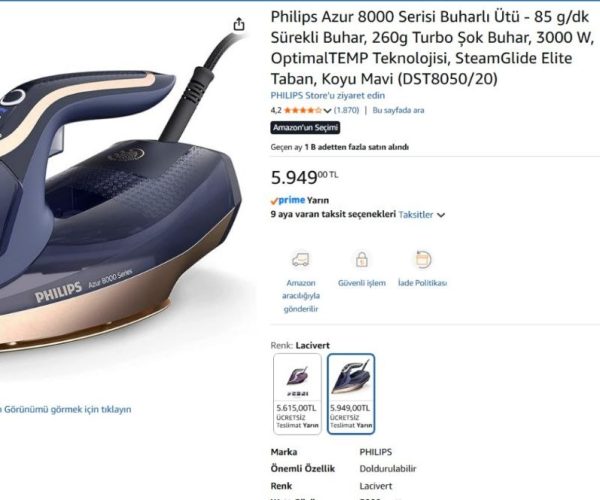 Philips Azur 8000 Serisi Buharlı Ütü – 85 g/dk Sürekli Buhar, 260g Turbo Şok Buhar, 3000 W, OptimalTEMP Teknolojisi, SteamGlide Elite Taban, Koyu Mavi (DST8050/20)