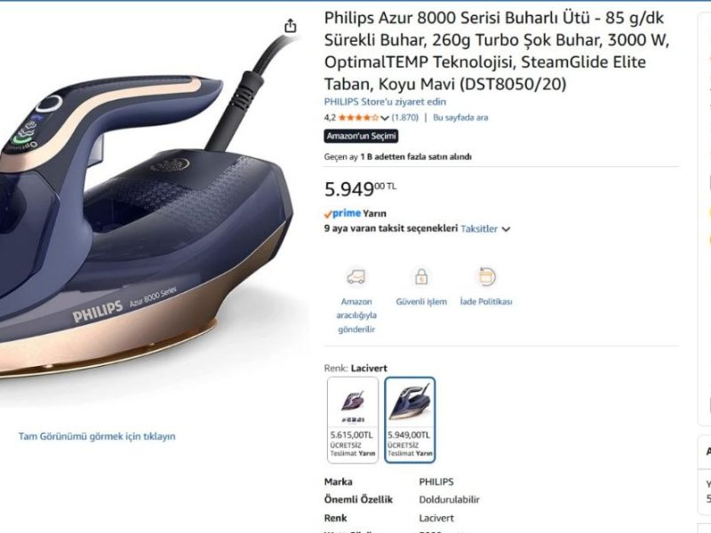 Philips Azur 8000 Serisi Buharlı Ütü – 85 g/dk Sürekli Buhar, 260g Turbo Şok Buhar, 3000 W, OptimalTEMP Teknolojisi, SteamGlide Elite Taban, Koyu Mavi (DST8050/20)