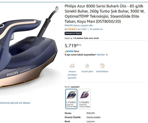 Philips Azur 8000 Serisi Buharlı Ütü – 85 g/dk Sürekli Buhar, 260g Turbo Şok Buhar, 3000 W, OptimalTEMP Teknolojisi, SteamGlide Elite Taban, Koyu Mavi (DST8050/20)
