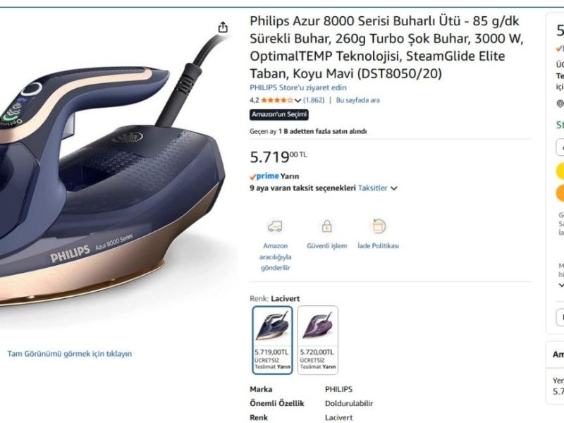 Philips Azur 8000 Serisi Buharlı Ütü – 85 g/dk Sürekli Buhar, 260g Turbo Şok Buhar, 3000 W, OptimalTEMP Teknolojisi, SteamGlide Elite Taban, Koyu Mavi (DST8050/20)