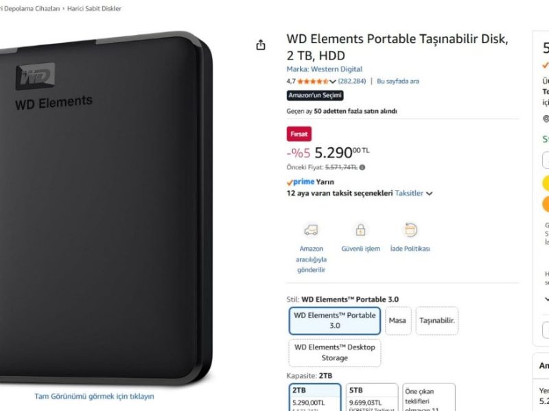 WD Elements Portable Taşınabilir Disk, 2 TB, HDD