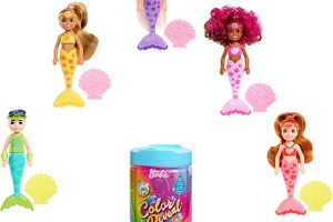 (%79.64) Barbie Color Reveal – Renk Değiştiren Sürpriz Chelsea Gökkuşağı Deniz Kızı Bebekler, 6 sürpriz içerir, suyla temas bebeğin görünümünü ve kuyruk rengini değiştirir, 3 yaş ve üzeri HDN75