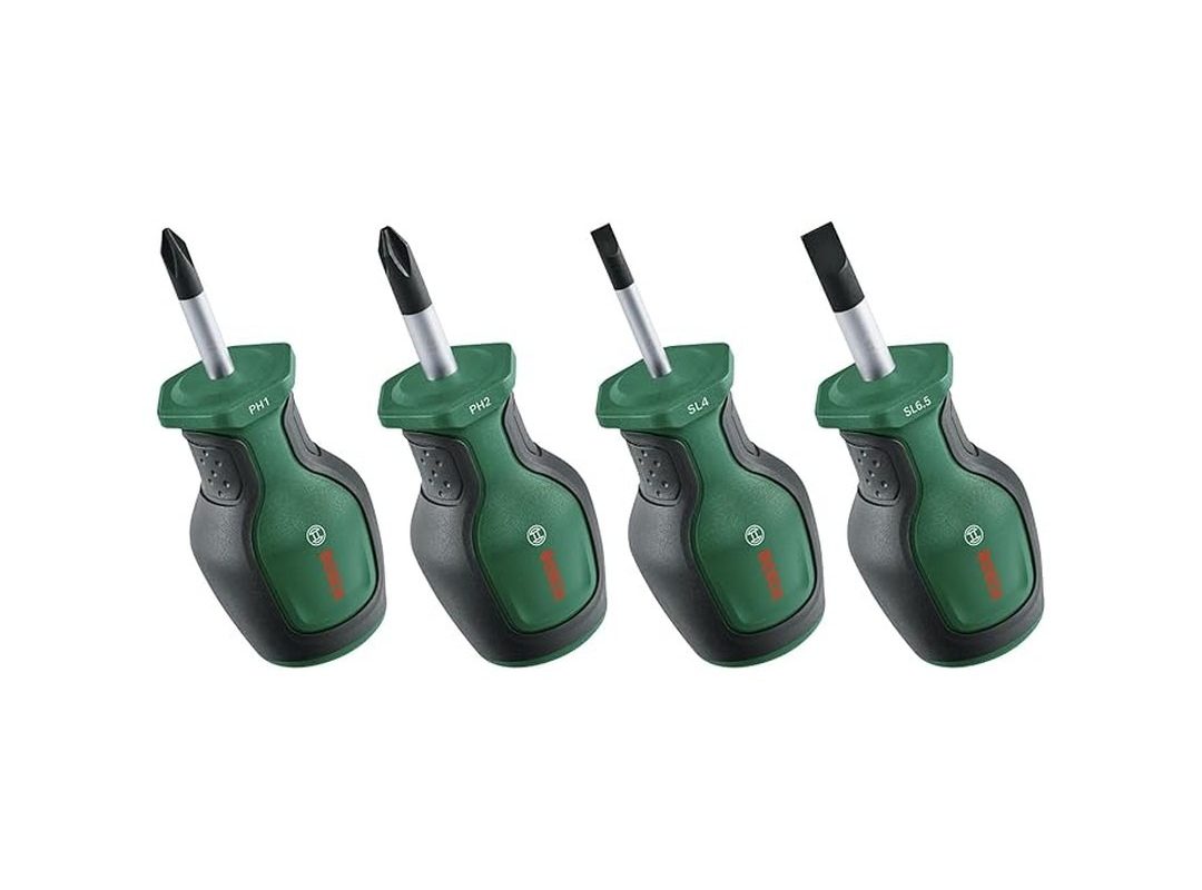 🛍️ Bosch Tornavida Güdük Seti 4 Parça (Sıkı Alanlarda Sabitlemek için Kompakt Tornavidalar; PH/SL; S2 Çelik; Yüksek Tork; Renk Kodlu; Manyetik Uç; Ergonomik Yumuşak Tutuş)