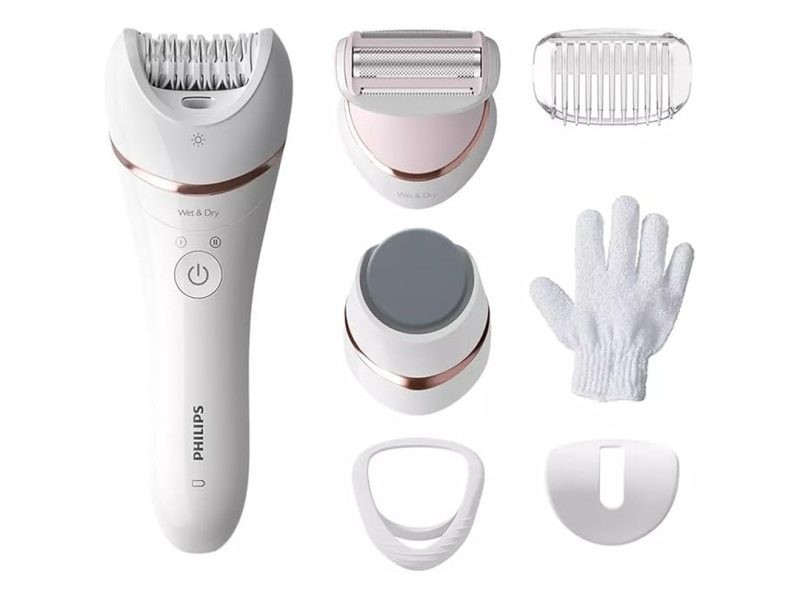 🛍️ Philips Epilasyon Cihazı, Islak ve Kuru Kablosuz Kullanım, LED Işık, Ekstra Geniş Başlık, Hassas Bölge Başlığı, Pedikür Ayak Törpüsü, 6 Aksesuar Dahil, Beyaz Renk, BRE730/05