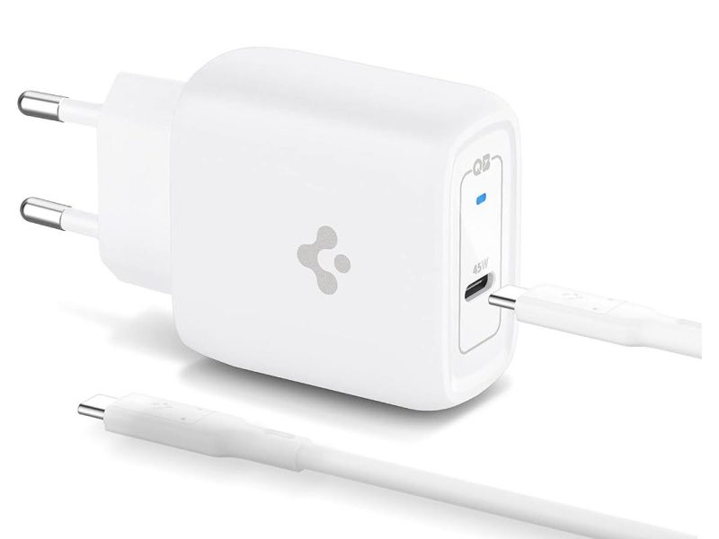 🛍 Spigen 45W USB-C Hızlı Şarj Aleti + Örgü Şarj Kablo PPS 2.0 Desteği / Isı Düşürücü GaN Pro Akım Korumalı Güç Adaptörü Super Hızlı Şarj iPhone & Android & iPad & MacBook Type-C – ACH02589