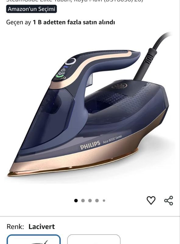 Philips Azur 8000 Serisi Buharlı Ütü – 85 g/dk Sürekli Buhar, 260g Turbo Şok Buhar, 3000 W, OptimalTEMP Teknolojisi, SteamGlide Elite Taban, Koyu Mavi (DST8050/20)