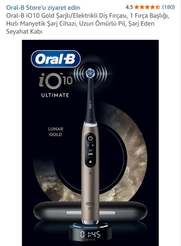 Oral-B iO10 Gold Şarjlı/Elektrikli Diş Fırçası, 1 Fırça Başlığı, Hızlı Manyetik Şarj Cihazı, Uzun Ömürlü Pil, Şarj Eden Seyahat Kabı