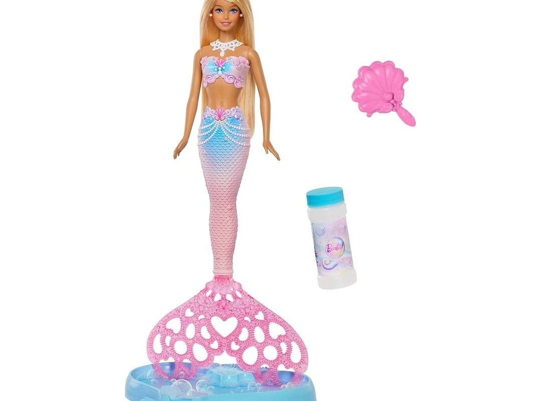 🛍️ Barbie Baloncuk yapma özelliği ve solüsyonu ile uzun ve renkli meçli sarı saçları olan Barbie Baloncuk Rüyası Deniz Kızı bebek, tepsi ve tarak, JLW56