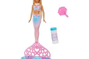 🛍️ Barbie Baloncuk yapma özelliği ve solüsyonu ile uzun ve renkli meçli sarı saçları olan Barbie Baloncuk Rüyası Deniz Kızı bebek, tepsi ve tarak, JLW56