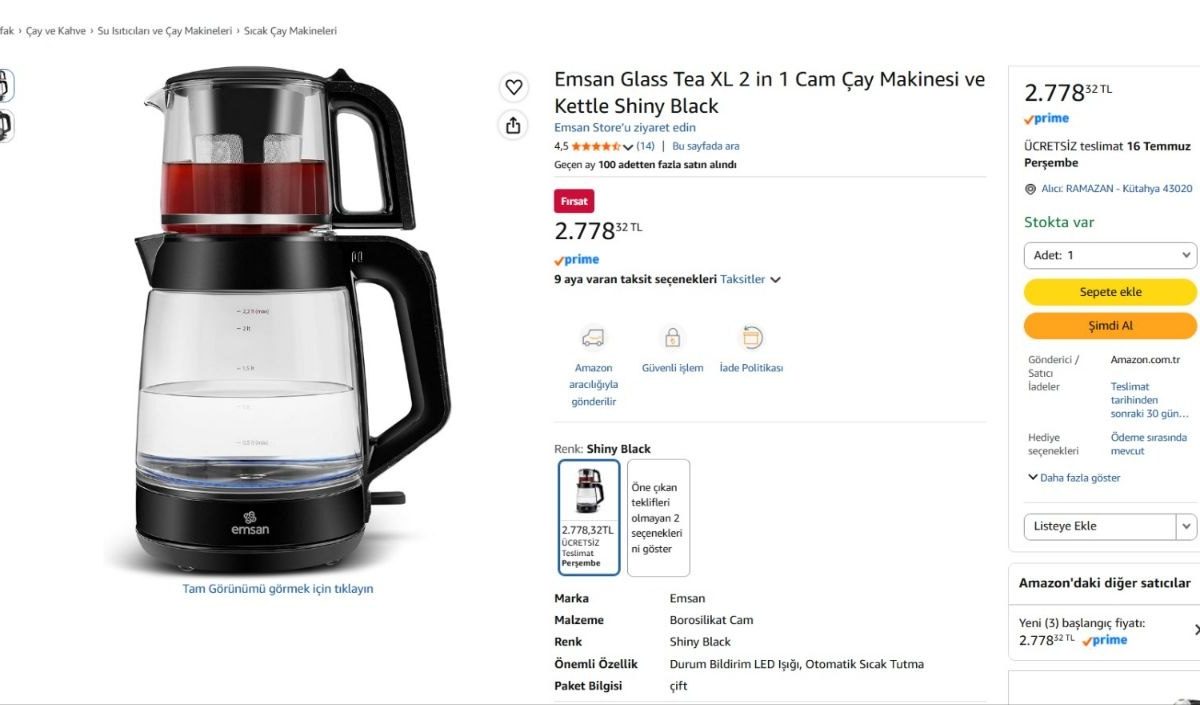 Emsan Glass Tea XL 2 in 1 Cam Çay Makinesi ve Kettle Shiny Black