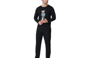 🛍️ Ayıcık Desenli Pijama Takımı, M, erkekuzunkol, Siyah, erkek