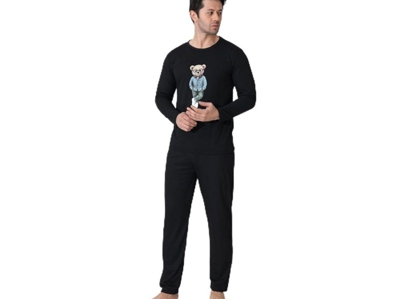 🛍️ Ayıcık Desenli Pijama Takımı, M, erkekuzunkol, Siyah, erkek