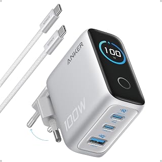 Anker Şarj Cihazı, 100W Maksimum Güç, Kompakt, 3 Bağlantı Noktalı, GaN USB-C Şarj Bloğu, Akıllı Ekran ve Dokunmatik Kontrol, Gümüş - B121B