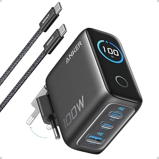 Anker Şarj Cihazı, 100W Maksimum Güç, Kompakt, 3 Bağlantı Noktalı, GaN USB-C Şarj Bloğu, Akıllı Ekran ve Dokunmatik Kontrol, Siyah - B121B | GaN Ultra Kompakt Duvar Adaptörü Akıllı Ekran Dokunmatik Kontrol Macbook iPad iPhone Serisi 17 16 15 ve üzeri için