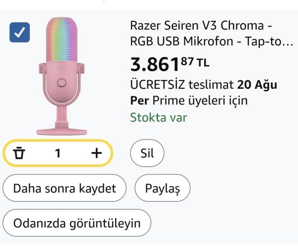 Razer Seiren V3 Chroma – RGB USB Mikrofon – Tap-to-Mute özellikli Süperkardioid Kondenser Mikrofon (Reaktif Aydınlatma, Dijital Kazanç Sınırlayıcı ve Entegre Şok Emici) Quartz
