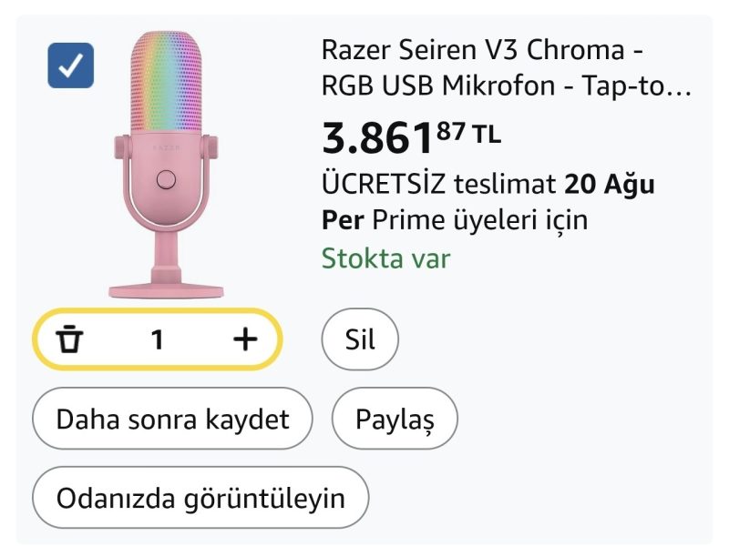 Razer Seiren V3 Chroma – RGB USB Mikrofon – Tap-to-Mute özellikli Süperkardioid Kondenser Mikrofon (Reaktif Aydınlatma, Dijital Kazanç Sınırlayıcı ve Entegre Şok Emici) Quartz