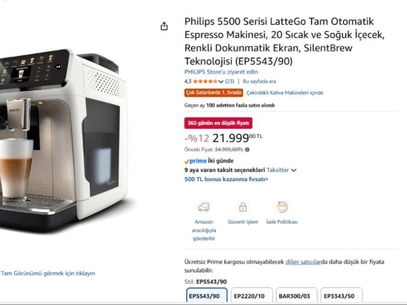Philips 5500 Serisi LatteGo Tam Otomatik Espresso Makinesi, 20 Sıcak ve Soğuk İçecek, Renkli Dokunmatik Ekran, SilentBrew Teknolojisi (EP5543/90)