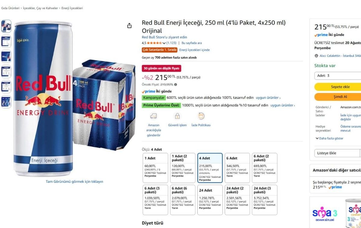 Red Bull Enerji İçeceği, 250 ml (4’lü Paket, 4×250 ml) Orijinal — %74 İndirim