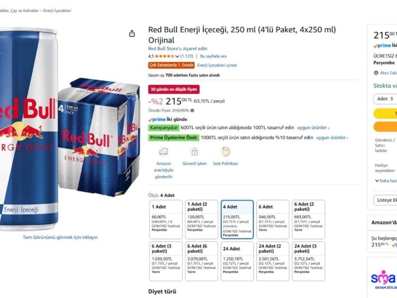 Red Bull Enerji İçeceği, 250 ml (4’lü Paket, 4×250 ml) Orijinal — %74 İndirim
