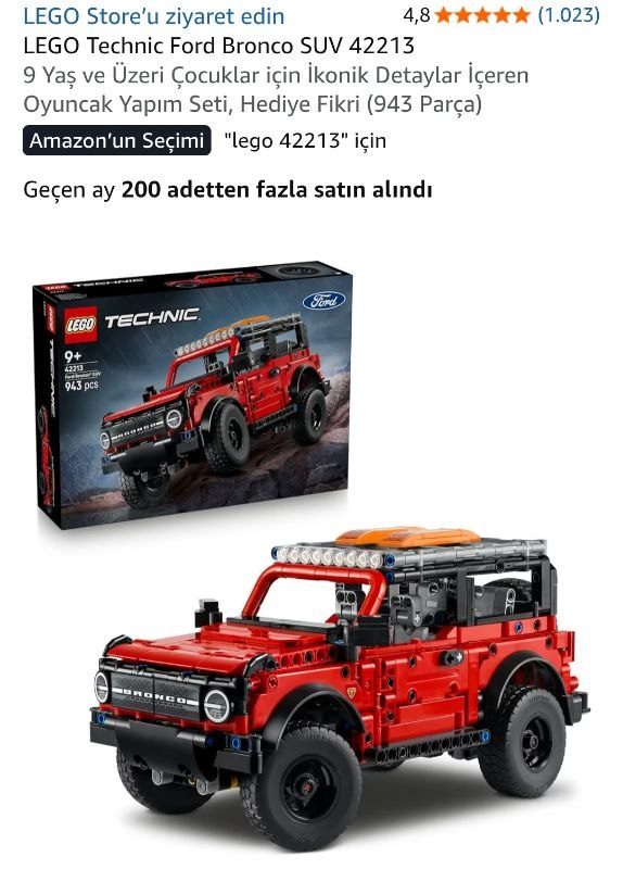 LEGO Technic Ford Bronco SUV 42213 | 9 Yaş ve Üzeri Çocuklar için İkonik Detaylar İçeren Oyuncak Yapım Seti, Hediye Fikri (943 Parça)