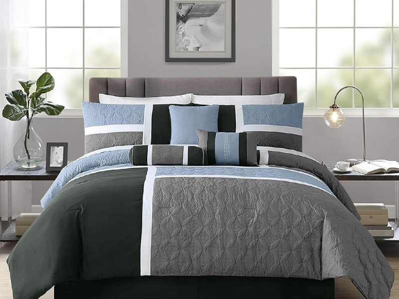🛒 Chezmoi Collection Upland 7 Parça Kapitone Yama İşi Yorgan Seti, Gri/Açık Mavi/Kömür, Queen — %65 İndirim