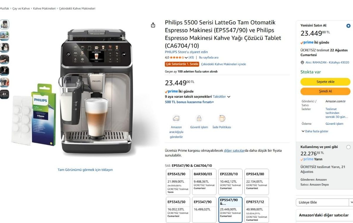 Philips 5500 Serisi LatteGo Tam Otomatik Espresso Makinesi (EP5547/90) ve Philips Espresso Makinesi Kahve Yağı Çözücü Tablet (CA6704/10)