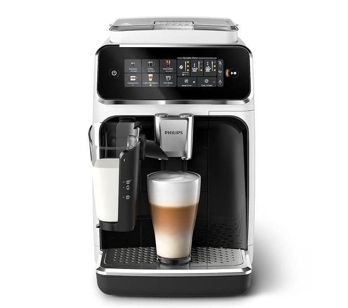 Philips Serisi 3300 Tam Otomatik Espresso Makinesi LatteGo Süt Sistemi ile, 6 Kahve Çeşidi, SilentBrew Teknolojisi, AquaClean Filtre – Beyaz & Parlak Siyah (EP3343/50)
