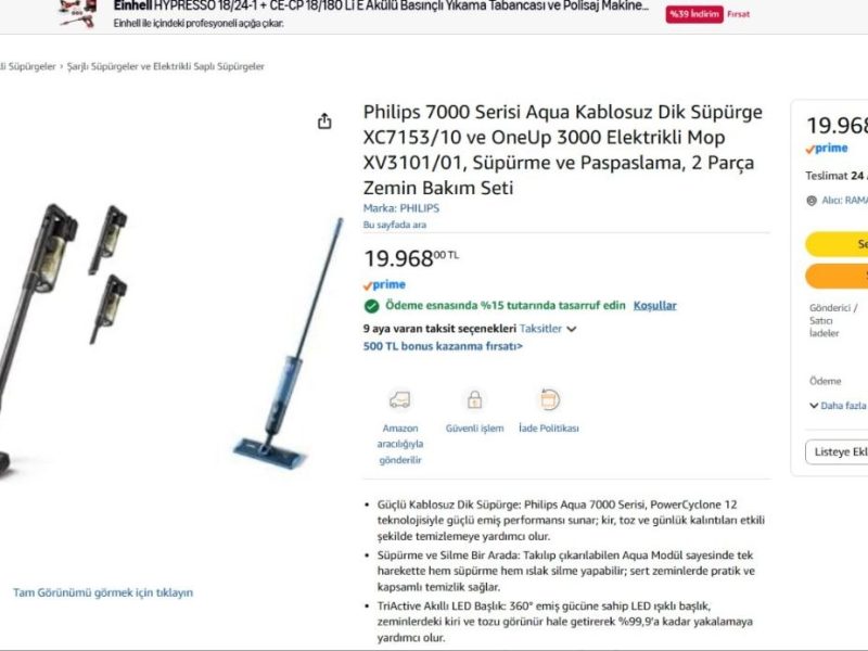 Philips 7000 Serisi Aqua Kablosuz Dik Süpürge XC7153/10 ve OneUp 3000 Elektrikli Mop XV3101/01, Süpürme ve Paspaslama, 2 Parça Zemin Bakım Seti — %15 İndirim