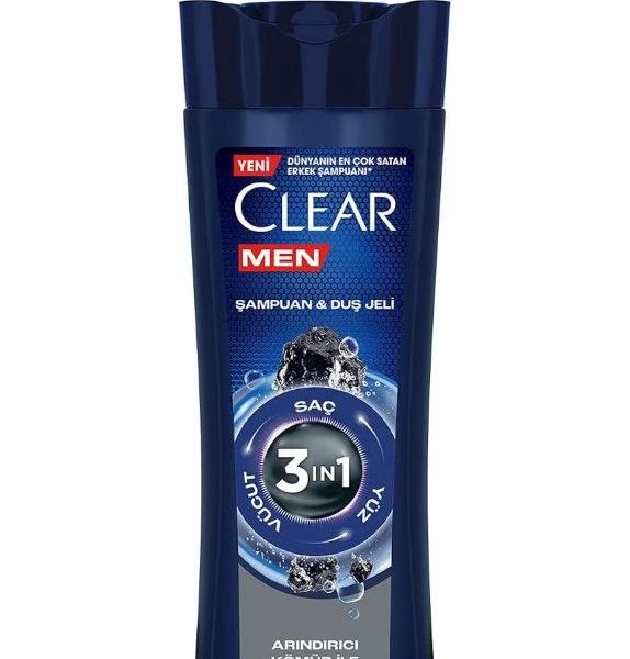 Clear Men 3 in 1 Şampuan & Duş Jeli Arındırıcı Kömür Saç Yüz Vücut İçin