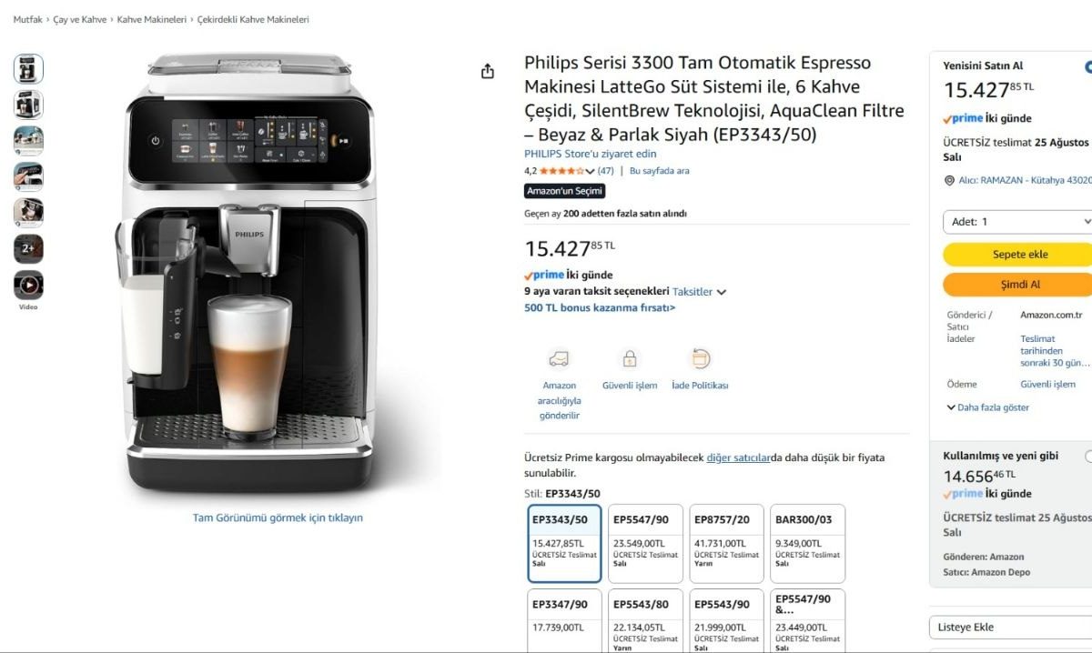 Philips Serisi 3300 Tam Otomatik Espresso Makinesi LatteGo Süt Sistemi ile, 6 Kahve Çeşidi, SilentBrew Teknolojisi, AquaClean Filtre – Beyaz & Parlak Siyah (EP3343/50)