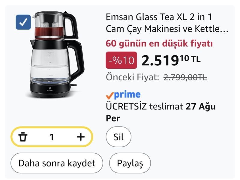 Emsan Glass Tea XL 2 in 1 Cam Çay Makinesi ve Kettle Shiny Black
