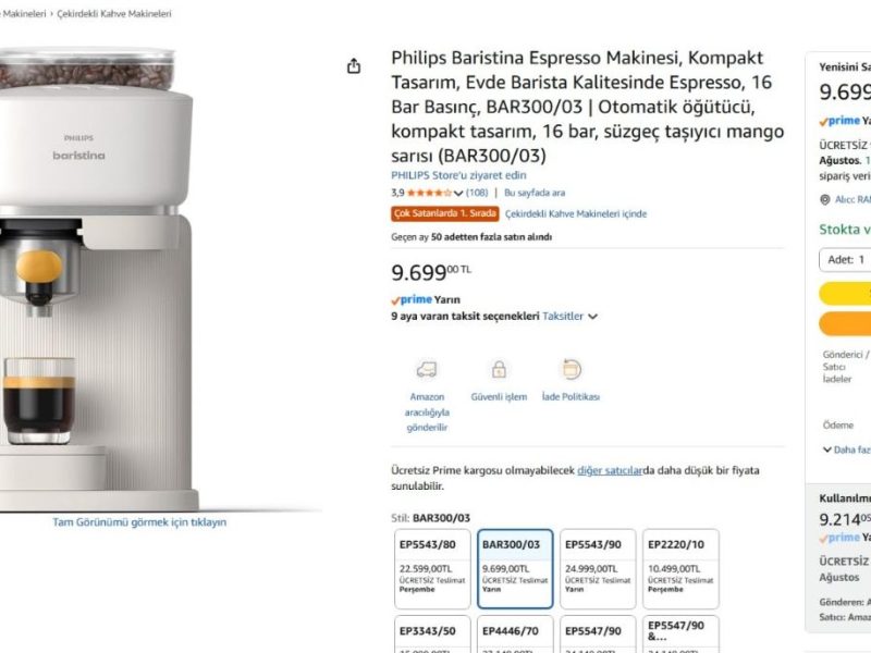 Philips Baristina Espresso Makinesi, Kompakt Tasarım, Evde Barista Kalitesinde Espresso, 16 Bar Basınç, BAR300/03 | Otomatik öğütücü, kompakt tasarım, 16 bar, süzgeç taşıyıcı mango sarısı (BAR300/03)