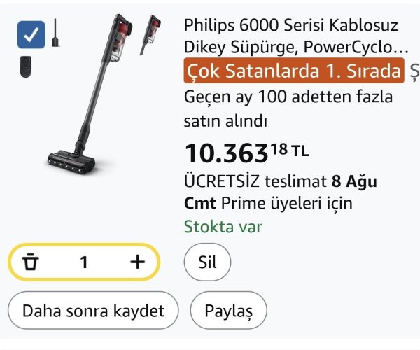 Philips 6000 Serisi Kablosuz Dikey Süpürge, PowerCyclone 11, 64 Dakika Kullanım Süresi, Zemin Tipini Algılayan Akıllı Başlık, Aksesurlar ile Derinlemesine Temizlik (XC6552/01)
