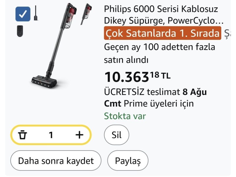 Philips 6000 Serisi Kablosuz Dikey Süpürge, PowerCyclone 11, 64 Dakika Kullanım Süresi, Zemin Tipini Algılayan Akıllı Başlık, Aksesurlar ile Derinlemesine Temizlik (XC6552/01)