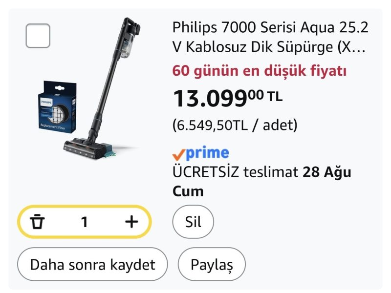 Philips 7000 Serisi Aqua 25.2 V Kablosuz Dik Süpürge (XC7053/01) ve Philips Orijinal Yedek Filtre – Kablosuz Süpürge 6000, 7000 ve 8000 Serisi ile Uyumlu (XV1681/01)