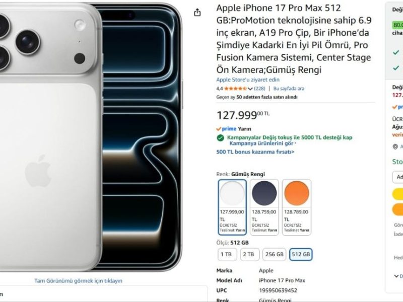 Apple iPhone 17 Pro Max 512 GB:ProMotion teknolojisine sahip 6.9 inç ekran, A19 Pro Çip, Bir iPhone’da Şimdiye Kadarki En İyi Pil Ömrü, Pro Fusion Kamera Sistemi, Center Stage Ön Kamera;Gümüş Rengi