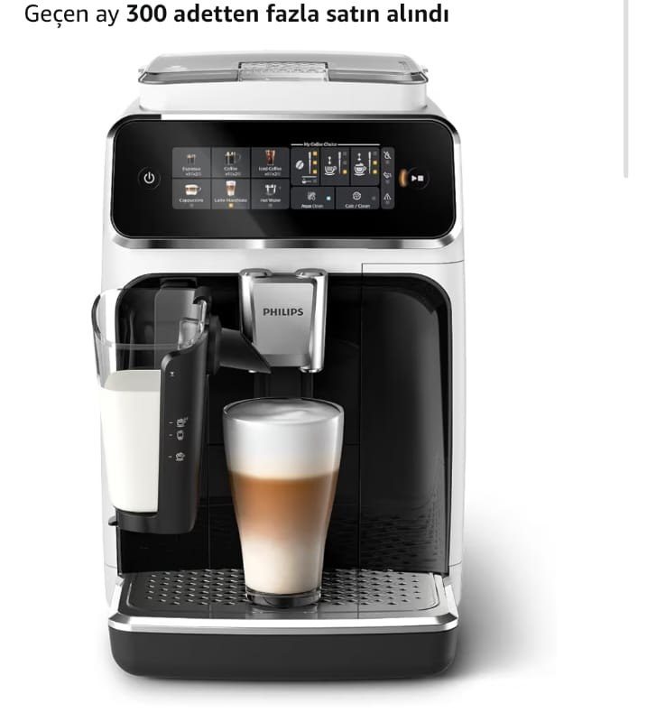 Philips Serisi 3300 Tam Otomatik Espresso Makinesi LatteGo Süt Sistemi ile, 6 Kahve Çeşidi, SilentBrew Teknolojisi, AquaClean Filtre – Beyaz & Parlak Siyah (EP3343/50)