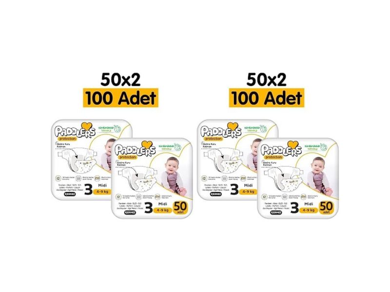 🛍️ Paddlers Protection Bebek Bezi 3 Numara Midi (4 9 Kg) 100 Adet – 2’li Jumbo Set, Maksimum Koruma (2 paketi)