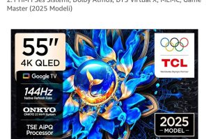 TCL 55 inç Akıllı TV 55T8C 4K QLED Renkli Quantum Crystal HDR10+ Oyun Google TV, 144Hz Doğal Yenileme Hızı, ONKYO 2.1 Hi-Fi Ses Sistemi, Dolby Atmos, DTS Virtual X, MEMC, Game Master